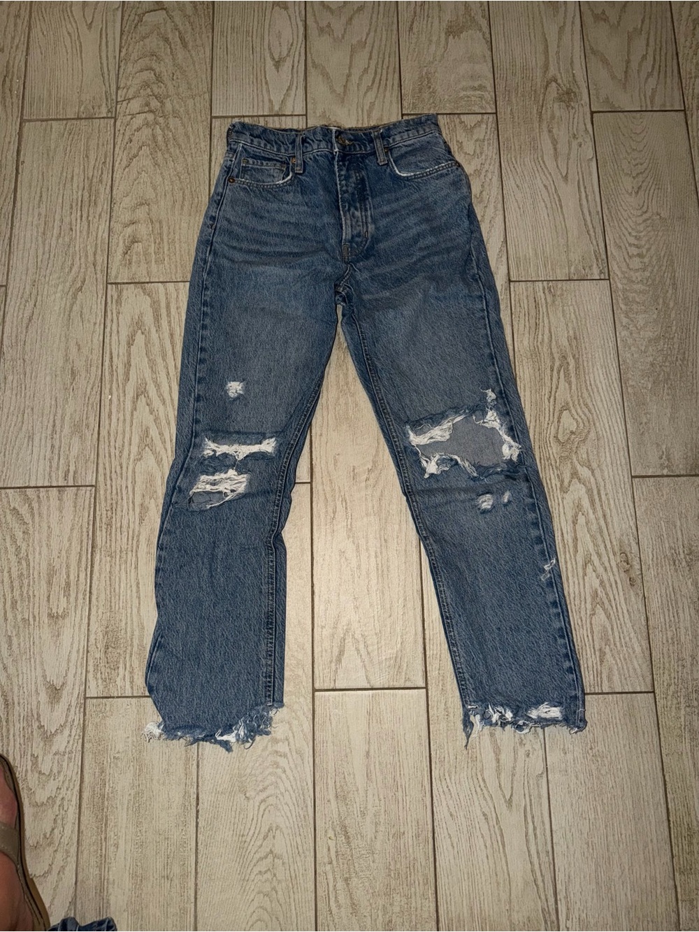 Free People Distressed Straight Leg Jeans - Blue Wash
